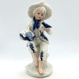 Blue White Gold Gilt Vintage Porcelain  Man with Fruit Basket and Bird Figurine